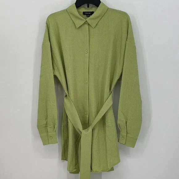 Lola May shirt Dress with Tie Waist in Green - Picture 3 of 7